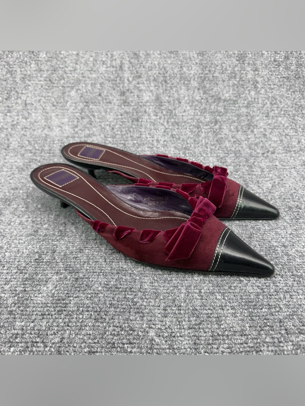 VTG COACH Kitten Heel Mules Burgundy Suede Black Leather 9B